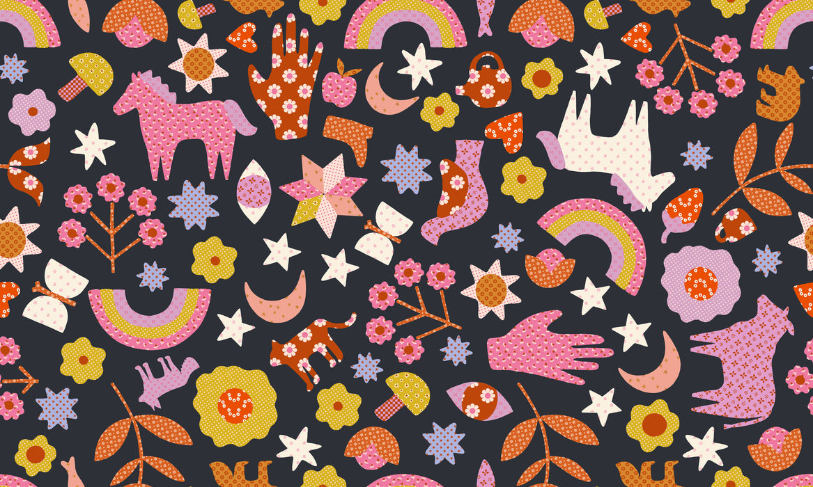 Meadow Star, Applique Menagerie in Soft Black