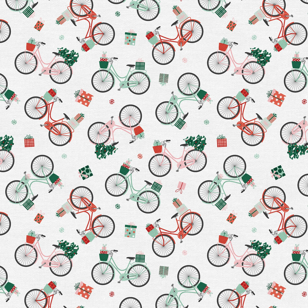 Home for Christmas, Bikes in White - SOLD BY THE YARD