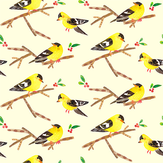 Mod Christmas Birds, Goldfinch - SOLD BY THE YARD