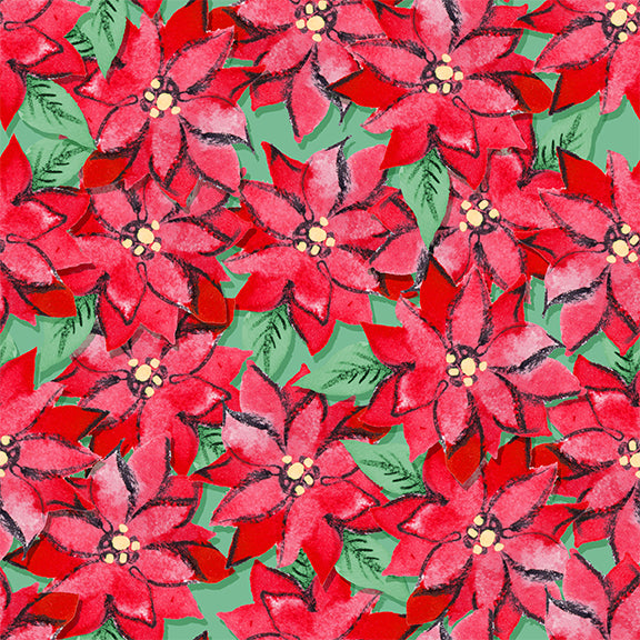 Mod Christmas Birds, Poinsettia - SOLD BY THE YARD