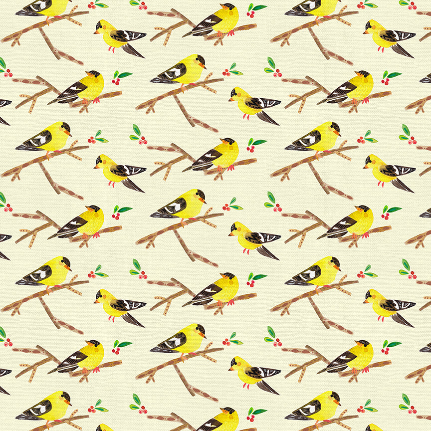 Mod Christmas Birds, Goldfinch - SOLD BY THE YARD